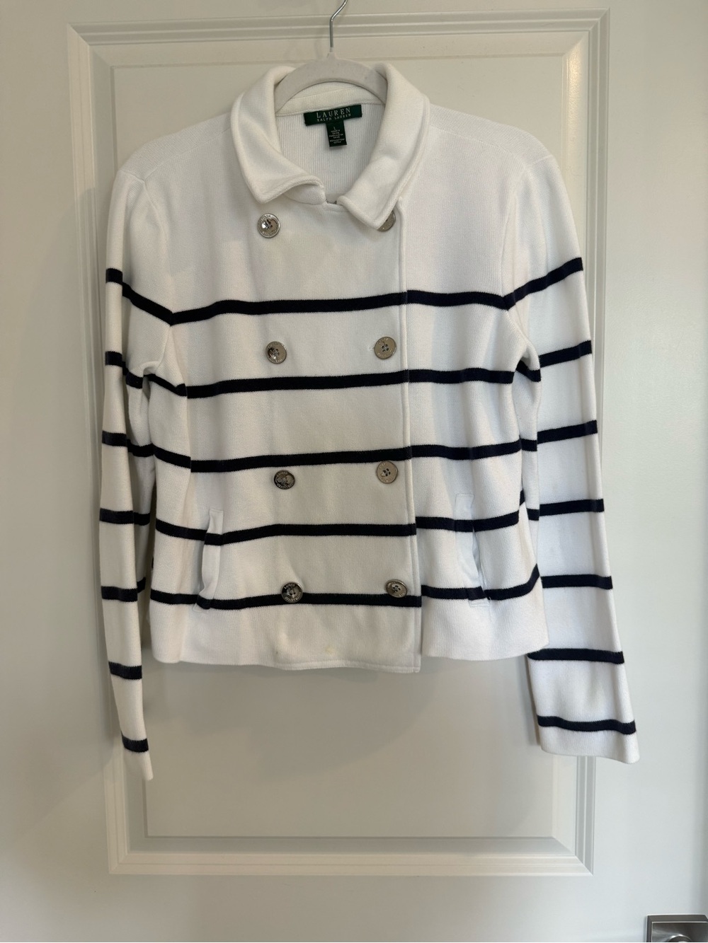 Lauren Ralph Lauren White & Navy Striped Double-Breasted Cotton Jacket